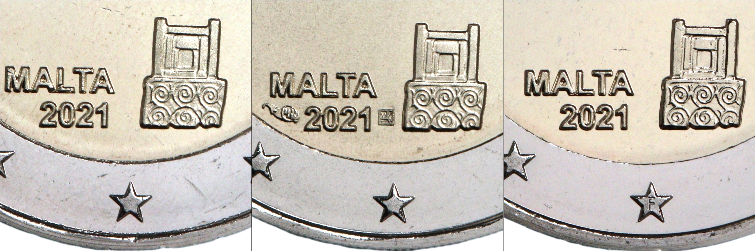 Eine Münze, drei Versionen: Die 2-Euro-Gedenkmünze "Tarxien-Tempel" aus Malta ist in der Normalprägung ohne Symbole, in der Coincard mit dem Füllhorn der Monnaie de Paris sowie dem Münzmeisterzeichen von Joaquin Jimenez (Mitte) und im Kursmünzensatz mit einem "F" für "France" produziert worden. Auf allen drei Varianten sind zudem die Initialen des Münzdesigners Noel Galea Bason (NGB) zu finden (nicht im Bild).